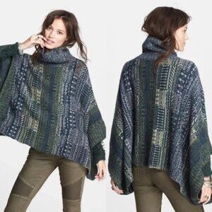 Free People Fair Isle Willow Wool Blend Turtleneck Poncho Sweater - Green - S/P